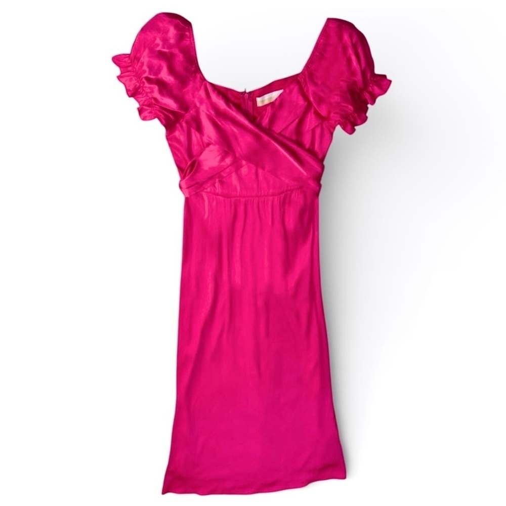 North End Boutique Satin Flirty Milkmaid Pink Puff Sleeve Bow Midi Dress Small
